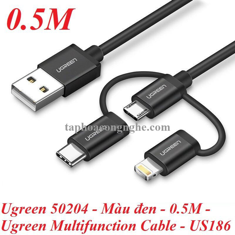 Ugreen 50204 0.5M Màu Đen Cáp sạc đa năng USB sang TypeC + Micro + Lightning có Chip MFI US186 30050204